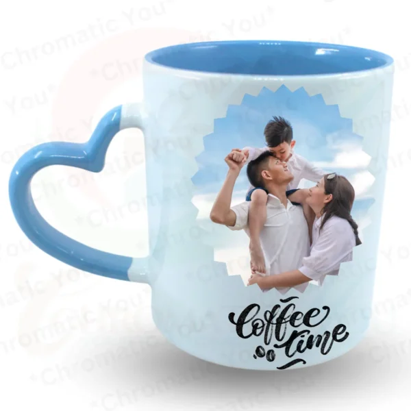 Ceramic mug with heart-shaped handle and colored interior, perfect for customization.
