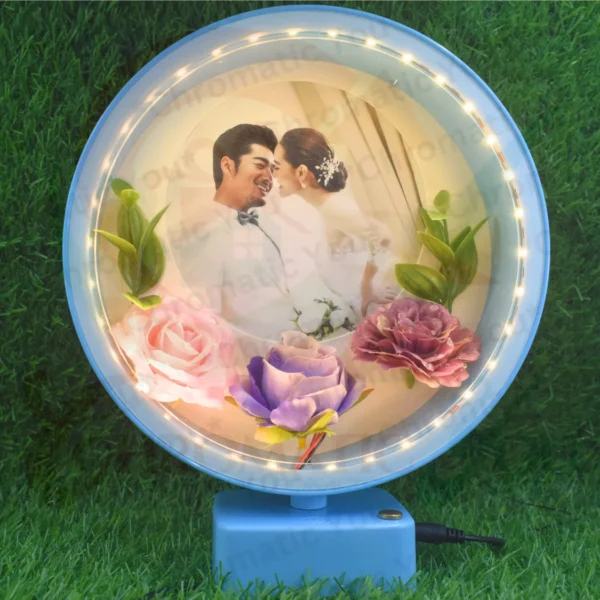 Touch control dimmable round LED love frame with flower decoration – custom romantic photo frame with warm light by Chromatic You