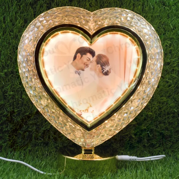 Custom heart-shaped LED photo frame with touch control dimmable warm glow light – personalized inkjet photo frame with adjustable LED light by Chromatic You