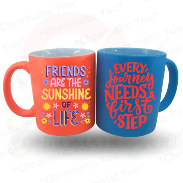 Vibrant neon color mug customized with printed text.