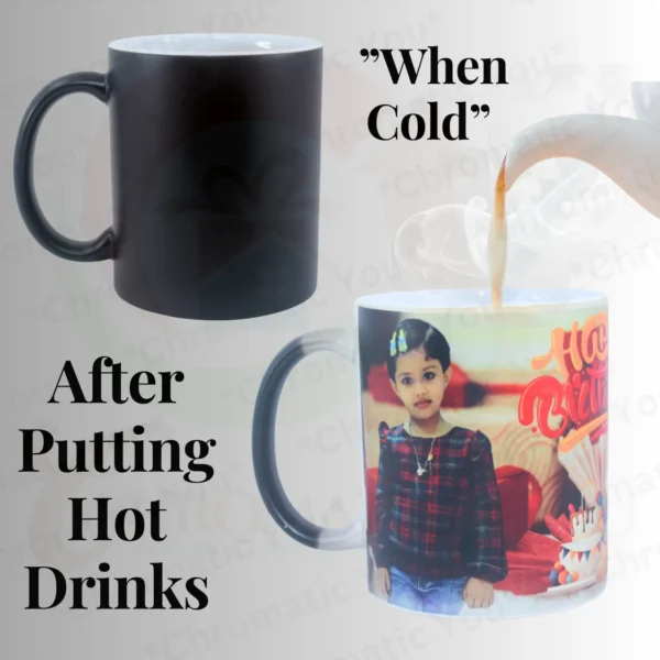 Custom printed black magic mug with heat-sensitive color change – personalized photo or logo reveal mug by Chromatic You