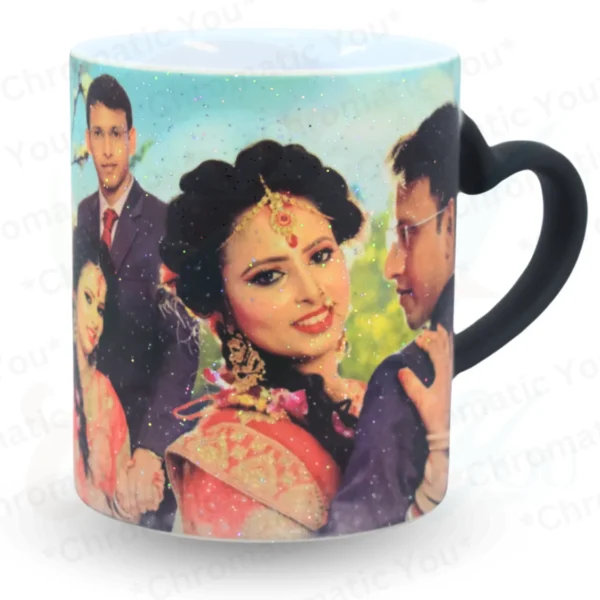 Custom-printed sparkle magic mug with a heart handle and color-changing effect.