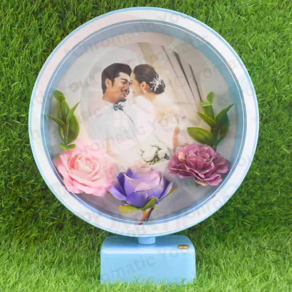 Dimmable round LED love frame with flower decoration – custom romantic photo gift with warm lighting by Chromatic You