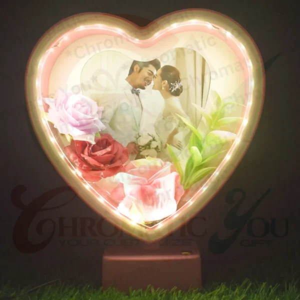 Floral LED love frame with soft glow and touch control – custom romantic photo frame by Chromatic You