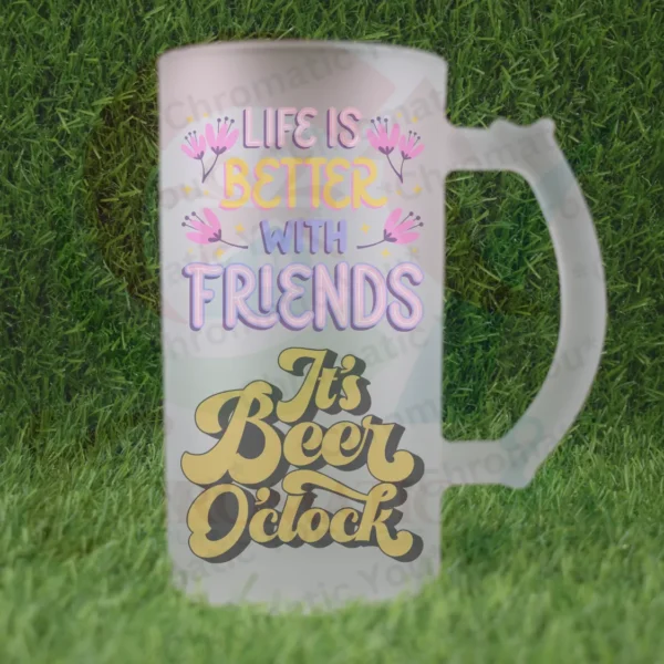 Frosted glass beer mug with custom design – personalized gift for parties or events by Chromatic You