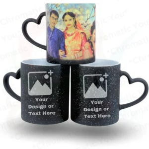 Personalized black magic mug with sparkle finish and heart-shaped handle.