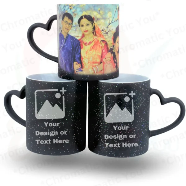 Personalized black magic mug with sparkle finish and heart-shaped handle.