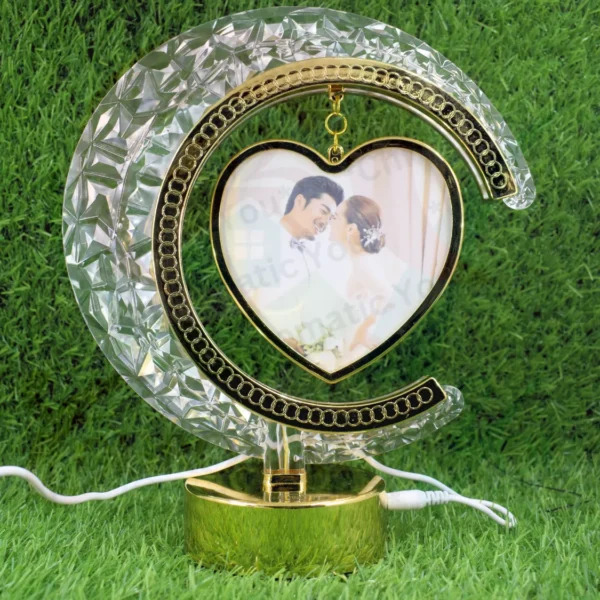 LED moon light shape photo frame with hanging heart accent – personalized romantic photo gift with warm glow by Chromatic You