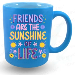 Bright neon color coffee mug with custom-printed text.