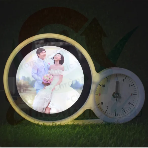Personalized LED magic mirror with clock – custom photo mirror with LED lights and time display by Chromatic You