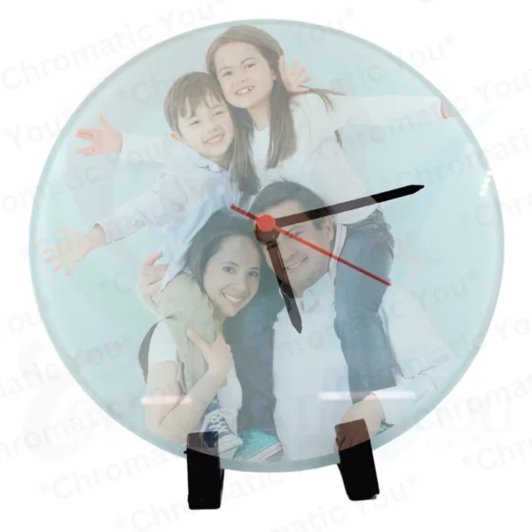 Personalized round glass clock photo frame – custom printed photo frame with clock by Chromatic You