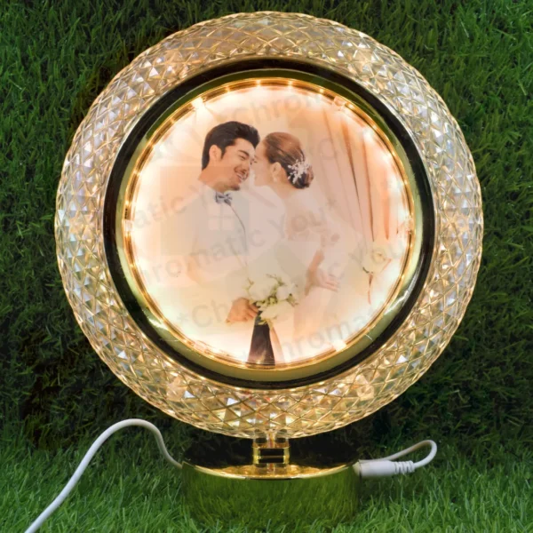 Personalized round touch control LED light photo frame with warm glow – custom inkjet photo frame with LED lighting by Chromatic You
