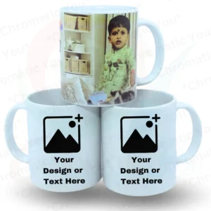 Custom white coffee mug with personalized text or photo – unique gift by Chromatic You