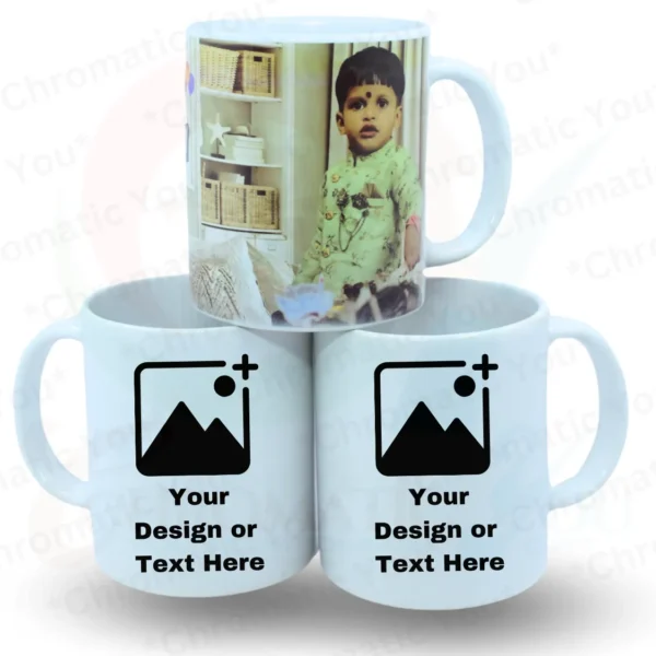 Custom white coffee mug with personalized text or photo – unique gift by Chromatic You